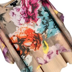 ALI MILES Womens M Tan Tank Multicolor Floral Sheer Overlay Art to Wear Boho Top